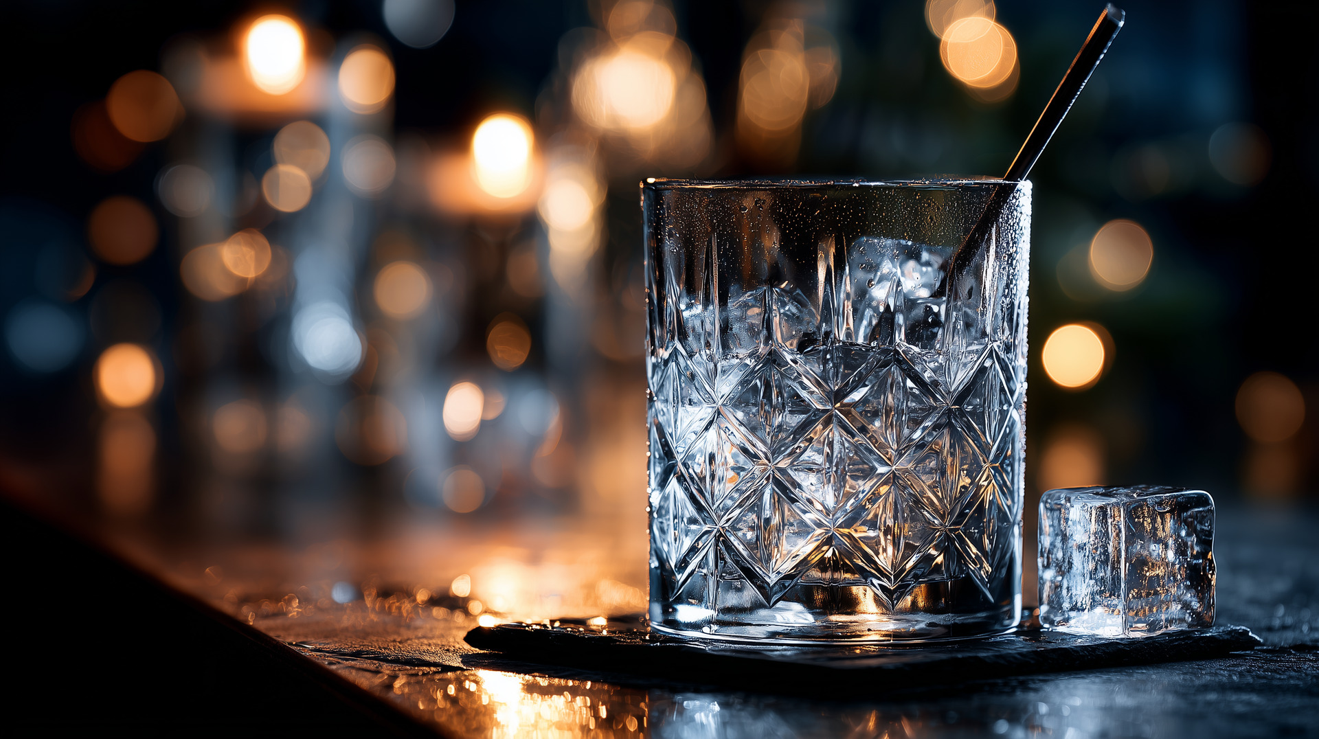 Crystal mixing glass with ice and bar spoon
