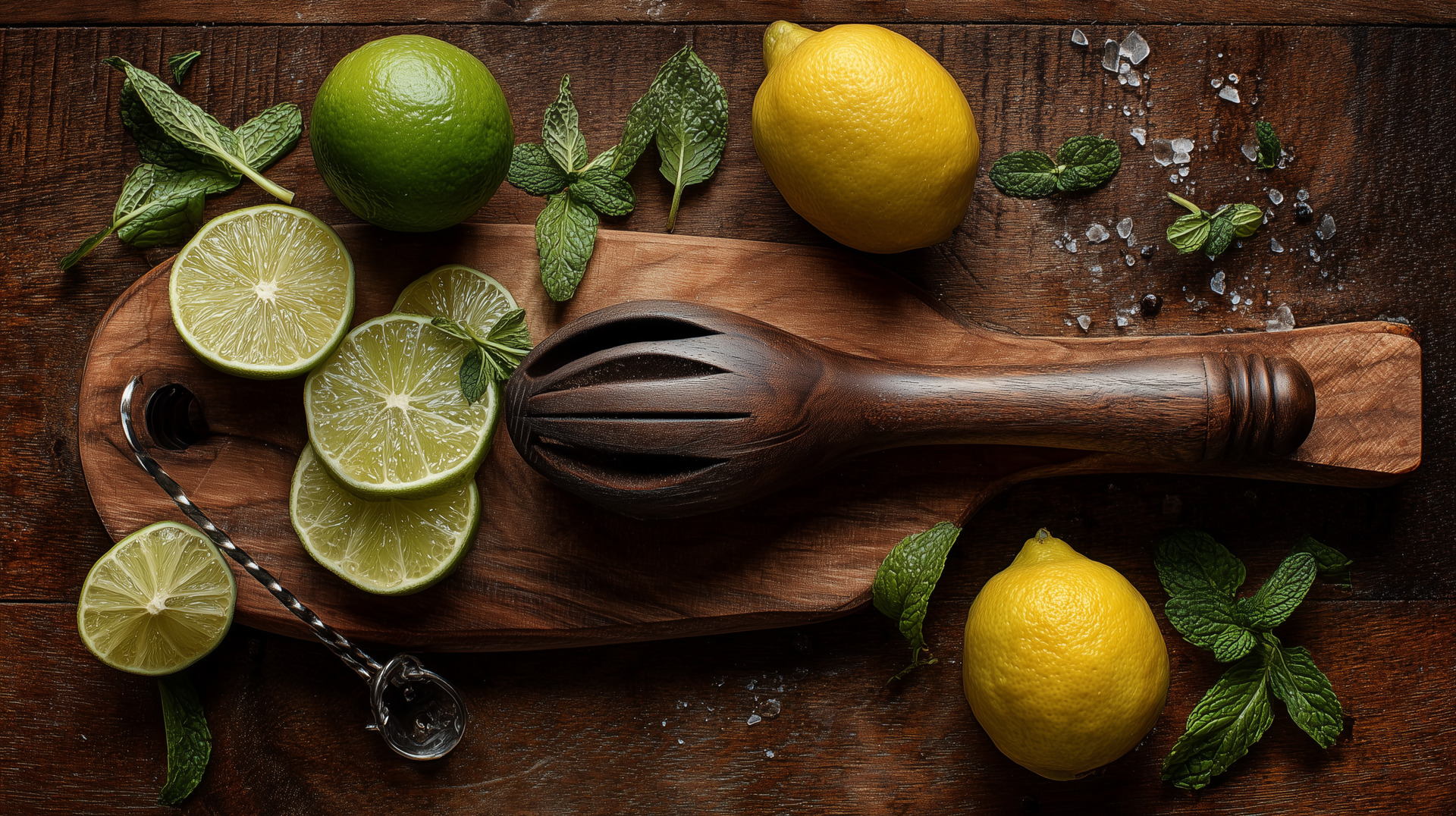 Wooden muddler, citrus juicer, and bar spoon