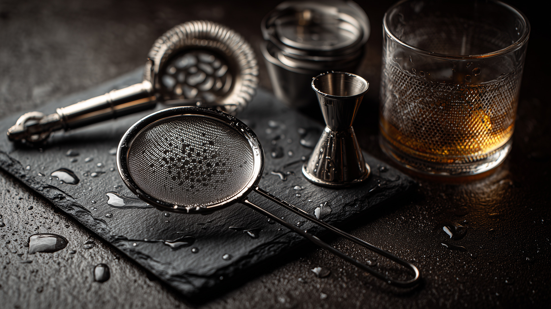 Hawthorne strainer, fine mesh strainer, and Japanese jigger